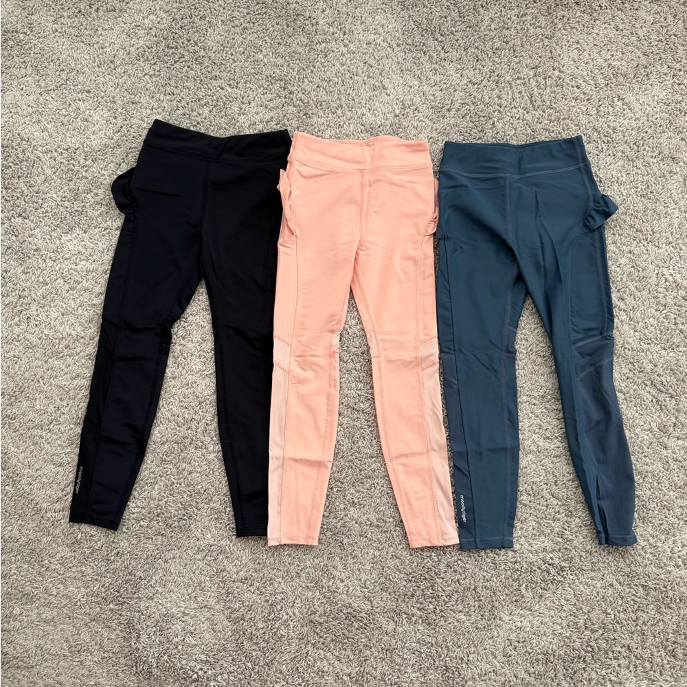Moody Tiger Kids athletic pants with back design in navy, Pink, and Blue
